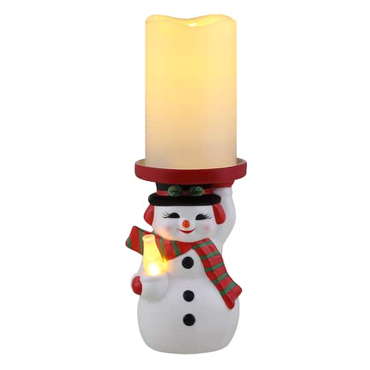 6&#x22; Snowman Ceramic LED Lit Candle Holder &#x26; Flameless Candle